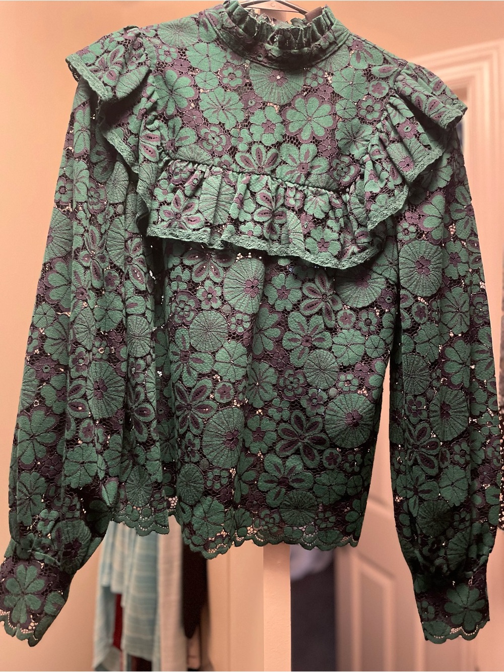 Vici Green Floral Lace Ruffle Blouse